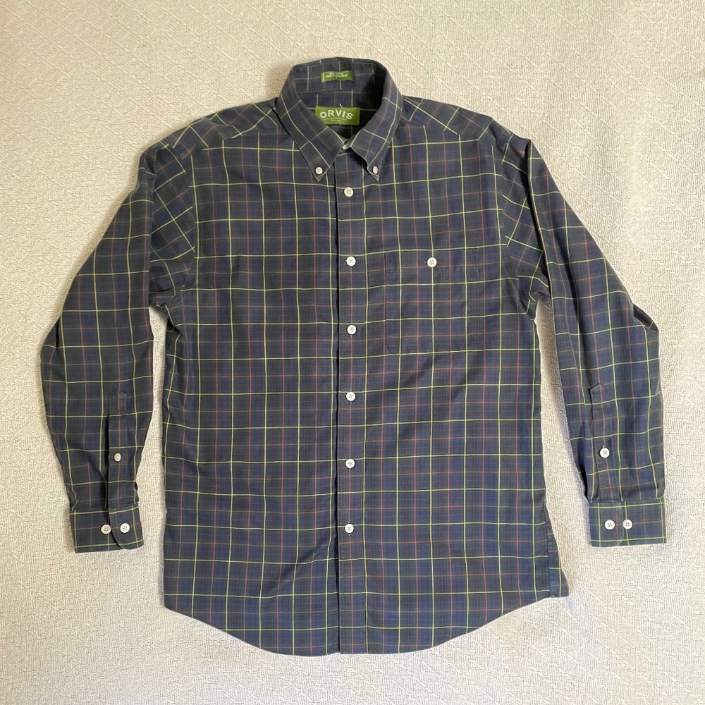 Medium Orvis Plaid Cotton Button-up Shirt. Blue with multicolor stripes.